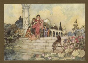 Levy 23: "Saakaali... avasi kimppunsa betelinlehtiä, pisti osan suuhunsa ja alkoi pureskella niitä", julkaisusta Folk-Tales of Bengal... 32 värillistä Warwick Goblen kuvitusta (Edition de luxe .) tekijältä Warwick Goble