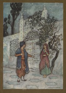 Levy 2: "Prinssi heräsi henkiin ja käveli ympäriinsä, näki ihmishahmon lähellä porttia", Folk-Tales of Bengal... 32 värillistä Warwick Goblen kuvitusta tekijältä Warwick Goble