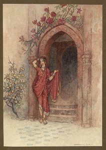 Kilpi 5: "Jen ovella seisoi upean kauneus nainen", Folk-Tales of Bengal... 32 Warwick Goblen värillistä kuvitusta. (Edition de luxe) tekijältä Warwick Goble