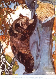 Ruskea karhu (Ursus arctos), kiipeämässä hunajan perässä, kuvitus julkaisusta "The New Natural History", kirjoittanut John Arthur Thompson (1861-1933), julkaisija G.P. Putnamin pojat, 1920-luku