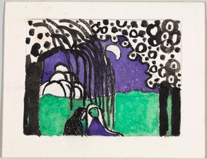 Luonnos väripuupiirrokseen ”Kaksi naista kuumaisemassa” tekijältä Wassily Kandinsky