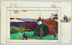 Maisema, jossa pariskunta keskiaikaisessa puvussa, verso: ritari haarniskassa tekijältä Wassily Kandinsky