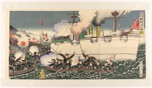 Japanin armeijan suuri voitto Yalu-joen meritaistelussa Nihon kaigun daishôri Ôryokkôko kaisen (otsikko esineessä)