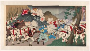 Japanin armeijan voitto Pjongjangin hyökkäyksessä Heijô shingeki nichigun daishôri (otsikko esineessä)