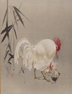 Kukko ja kana poikasten kanssa, n. 1887. tekijältä Watanabe Seitei