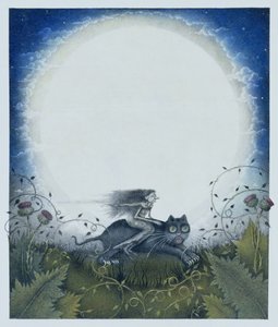 Skotlantilainen noita mustan kissan selässä (lyijykynä ja väriliitu paperille) tekijältä Wayne Anderson