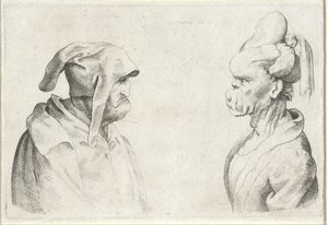 Epämuodostuneet päät miehellä, jolla on levyhattu, ja naisella, jolla on sidottu hiukset Varie figurae et probae (sarjan nimi) Karikatyyrit, päät ja epämuodostumat Leonardo da Vincin jälkeen (sarjan nimi) tekijältä Wenceslaus Hollar (attributed to)