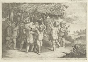 Musiikkia tekevät ja tanssivat pojat pukeutuvat bacchantille tekijältä Wenceslaus Hollar (rejected attribution)