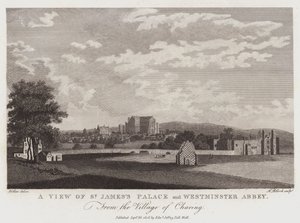 Näkymä St Jamesin palatsille ja Westminster Abbeylle Charingin kylästä tekijältä Wenceslaus Hollar