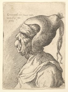 Epämuodostun naisen rintakuva kartiomainen hattu ja kaksi roikkuvaa palmikkoa profiilissa vasemmalla, 1665. tekijältä Wenceslaus Hollar