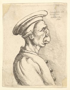 Miehen rintakuva, jolla on litteä nenä ja ulkoneva suu, jolla on litteä lippis ja napitettu takki..., 1660. tekijältä Wenceslaus Hollar