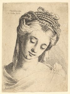 Nuoren naisen rintakuva, jossa on taidokas päähine, katsoen alas., 1625-77. tekijältä Wenceslaus Hollar