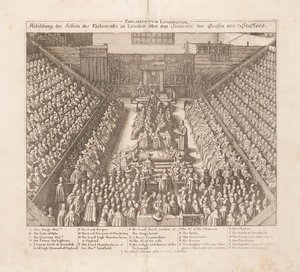 Kuvaus Lontoon parlamentin istunnosta Earl of Staffordin tuomiosta, noin 1642. tekijältä Wenceslaus Hollar