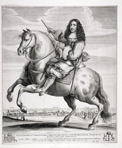 Kaarle II:n (1630-85) ratsastusmuotokuva maisemalla, julkaistu noin 1670 tekijältä Wenceslaus Hollar