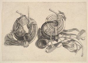 Viisi metsästyssarvea, 1625-77. tekijältä Wenceslaus Hollar