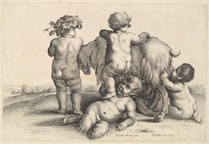 Neljä poikaa, nuori satyyri ja vuohi, 1647. tekijältä Wenceslaus Hollar