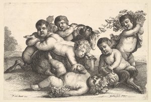 Neljä poikaa, kaksi satyyriä ja vuohi, 1654. tekijältä Wenceslaus Hollar