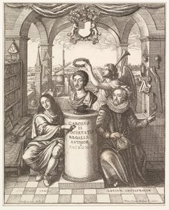 Thomas Sprattin kirjoittaman The History of the Royal Society of London -teoksen etusivun kuva. 1702 tekijältä Wenceslaus Hollar