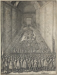 House of Lordsin istunnon sisätilat, Westminsterin palatsi, Lontoo, n. 1650 tekijältä Wenceslaus Hollar