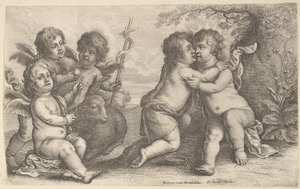 Jeesus ja pyhä Johannes halaavat kerubien kanssa, 1646. tekijältä Wenceslaus Hollar