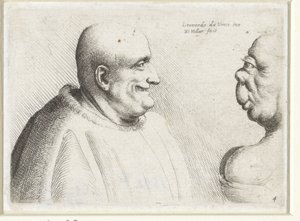 Iso kalju miehen ja groteskin naisen päät Varie figurae et probae (sarjan nimi) Karikatyyrit, päät ja epämuodostumat Leonardo da Vincin jälkeen (sarjan nimi) tekijältä Wenceslaus Hollar
