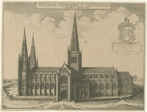 Lichfieldin katedraali - Etelänäkymä: kaiverrus tekijältä Wenceslaus Hollar
