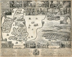 Brittisaarten kartta ja kuvituksia 1600-luvun historiallisista tapahtumista, n. 1659 tekijältä Wenceslaus Hollar