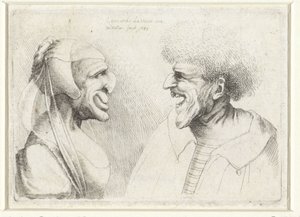 Epämuodostuneet päät hymyilevälle miehelle ja naiselle, joilla on päälaki Varie figurae et probae (sarjan nimi) Karikatyyrit, päät ja epämuodostumat Leonardo da Vincin jälkeen (sarjan nimi) tekijältä Wenceslaus Hollar