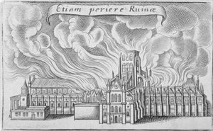 Vanha Pyhän Paavalin katedraali paloi Lontoon suuressa tulipalossa, 1666 tekijältä Wenceslaus Hollar