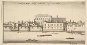 Kuninkaan palatsi lähellä Lontoota, joka tunnetaan yleisesti nimellä White-hall Royal Palace of Whitehall, Lontoo, noin. 1647 tekijältä Wenceslaus Hollar