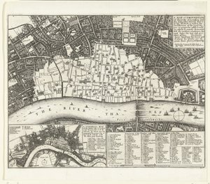 Lontoon kartta vuoden 1666 suuren tulipalon jälkeen Lontoon Cityn ja esikaupunkien kartta tai tontti (...) (otsikko esineessä)