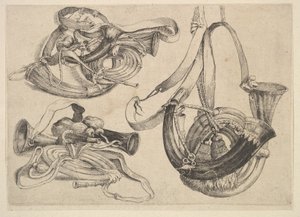 Seitsemän metsästyssarvea kolmessa ryhmässä, 1625-77. tekijältä Wenceslaus Hollar
