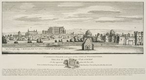 St. Jamesin palatsi ja osa Westminsterin kaupunkia Pall Mallin pohjoispuolelta vuonna 1660, kaiverrus Richard Sawyer, julkaistu 1809 tekijältä Wenceslaus Hollar