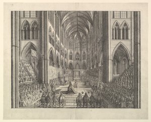 Kuningas Kaarle II:n kruunajaiset Westminster Abbeyssa, huhtikuun 23. päivänä 1661 (John Ogilbyn teoksesta "The Entertainment of...Charles II", Lontoo, 1662) tekijältä Wenceslaus Hollar