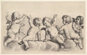 Kolme kerubia ja kaksi poikaa pilvissä, 1620-77. tekijältä Wenceslaus Hollar