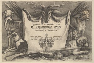 Nimisivu, jossa koirat ja metsästysvälineet, 1646. tekijältä Wenceslaus Hollar