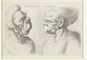 Kaksi epämuodostunutta päätä Varie figurae et probae (sarjan nimi) Karikatyyrit, päät ja epämuodostumat Leonardo da Vincin jälkeen (sarjan nimi) tekijältä Wenceslaus Hollar