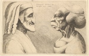 Kaksi epämuodostunutta päätä vasemmanpuoleinen hahmo on mahdollisesti karikatyyri Dantesta vuodelta 1645. tekijältä Wenceslaus Hollar