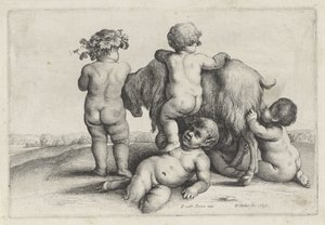 Neljä poikaa, satyyri ja vuohi Putti and Satyrs (sarjan nimi) tekijältä Wenceslaus Hollar