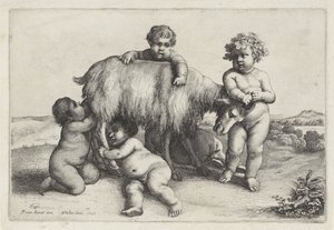 Neljä poikaa, satyyri ja vuohi seisoo oikealla Putti and Satyrs (sarjan nimi) tekijältä Wenceslaus Hollar
