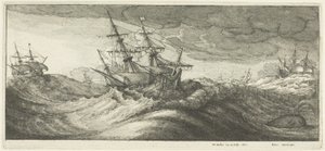 Sotalaivoja ja pursuava valas tekijältä Wenceslaus Hollar