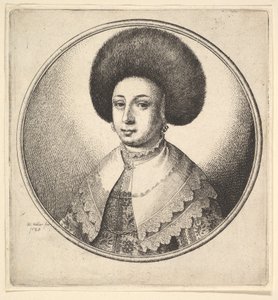 Nainen, jolla on suuri pyöreä turkishattu ja korvakorut, 1645. tekijältä Wenceslaus Hollar