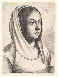 Nuori nainen huivi päässä, Bonsignorin mukaan, 1645. tekijältä Wenceslaus Hollar