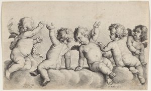 Kolme kerubia ja kaksi poikaa pilvissä tekijältä Wenceslaus Hollar, after Peeter van Avont