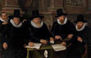 Neljä valtionhoitajaa ja Amsterdamin spitaalisten turvapaikan "kotiisä". Four Regents and the Housemaster of the Leper-House, Amsterdam