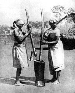 Kaksi Mashona-heimon naista pomppimassa maissia ja hirssiä, Zimbabwe, Afrikka, 1936.