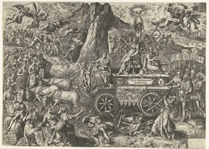 Triumphwagen van de vrede, 1577 Piirustus voittoisasta rauhasta (otsikko esineessä) tekijältä Wierix