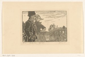 Mies ja nainen Volendam-perinteisessä asussa Pariskunta (alkuperäinen nimi) tekijältä Wijnand Otto Jan Nieuwenkamp (signed by artist)
