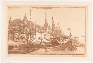 Laiva polttopuilla Gangesin rannalla Benaresissa Laiva polttopuilla, Benares (alkuperäinen nimi) Laivat, Benares (nimi esineessä) tekijältä Wijnand Otto Jan Nieuwenkamp (signed by artist)