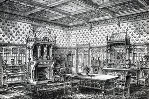 Suunnittelu goottilaiseen ruokasaliin, julkaistu The House-Furnisher & Decoratorissa, 1. syyskuuta 1872 tekijältä Wilberforce Haddon